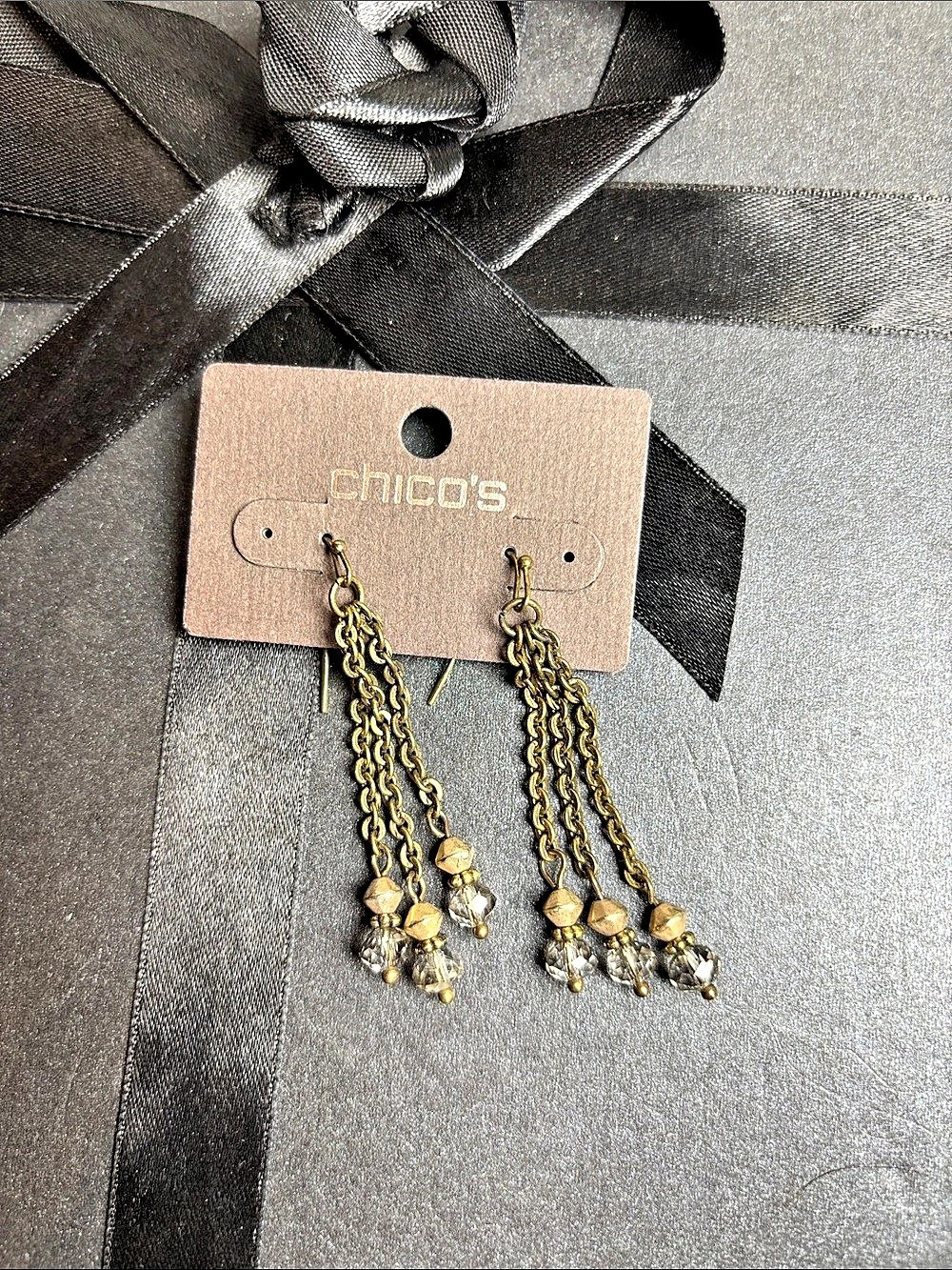 Chico's Chain Drop Earrings in Gold & Brown NWT